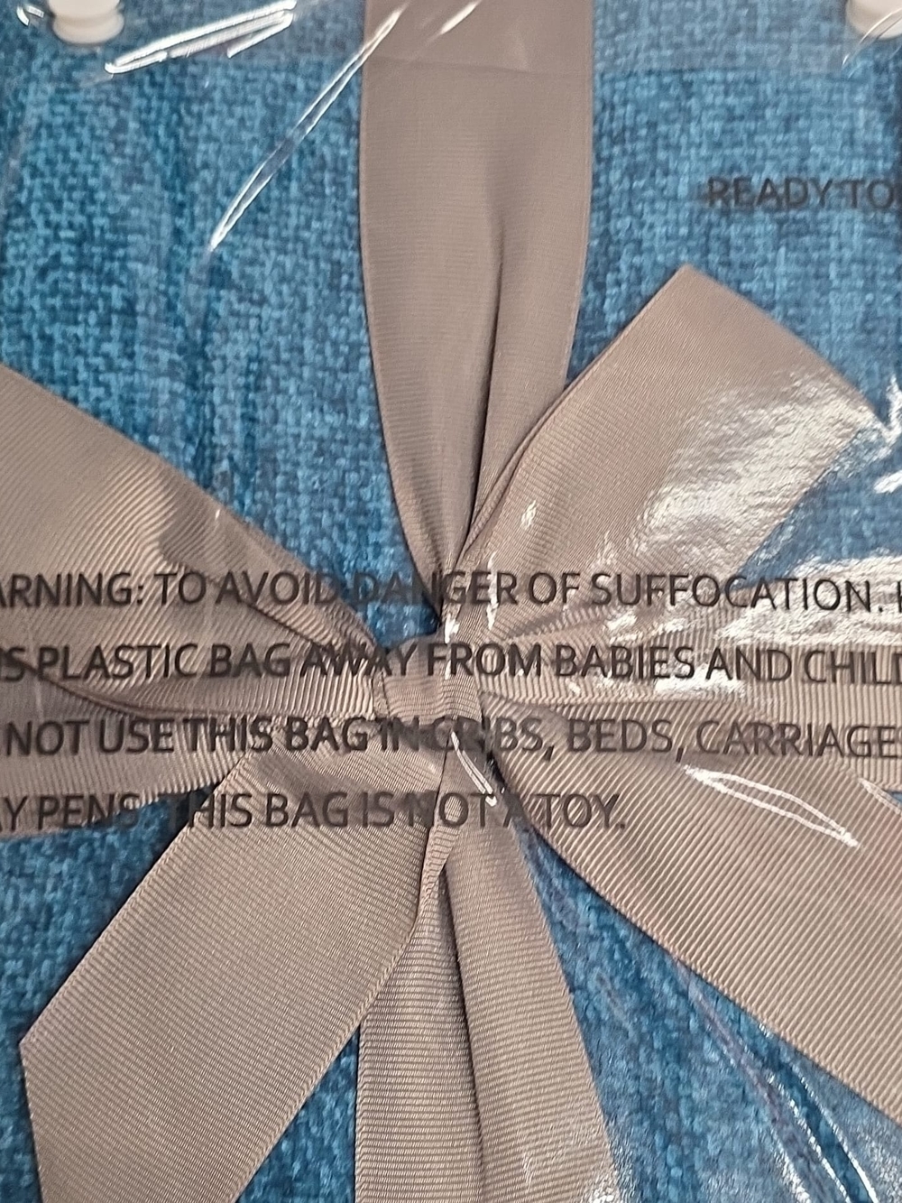 Plush Blue Throw Blanket with Taupe Ribbon Accent